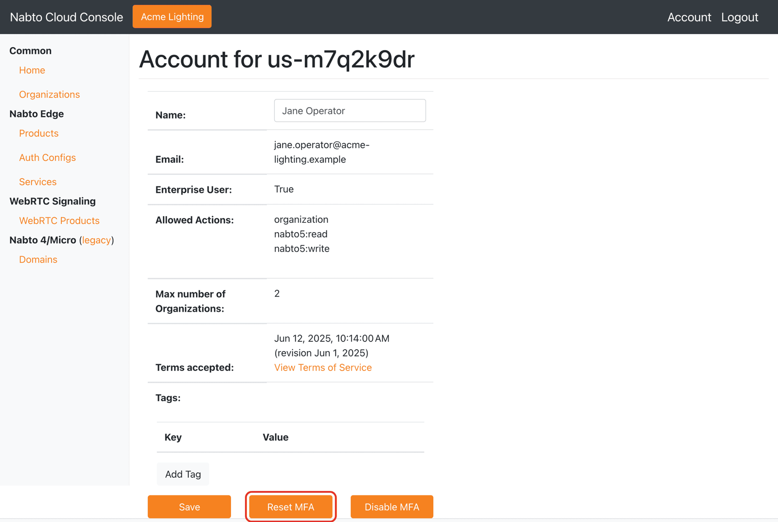 Account page with MFA buttons