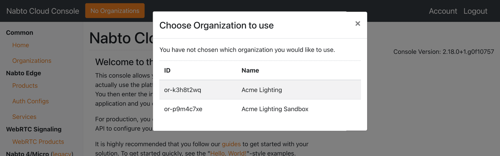 Choose organization dialog
