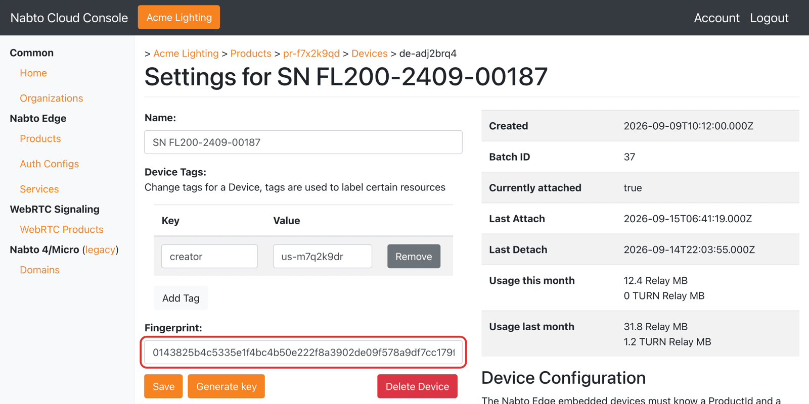 Device settings page with fingerprint field