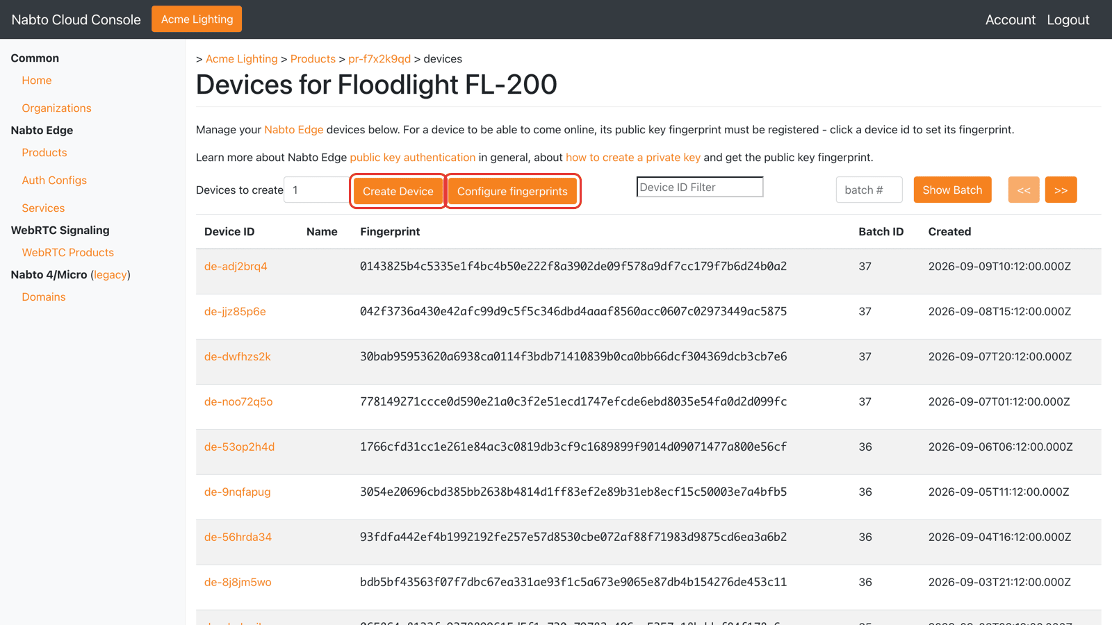 Device list with Create Device and Configure fingerprints buttons
