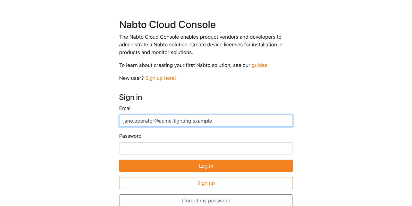 Nabto Cloud Console login page