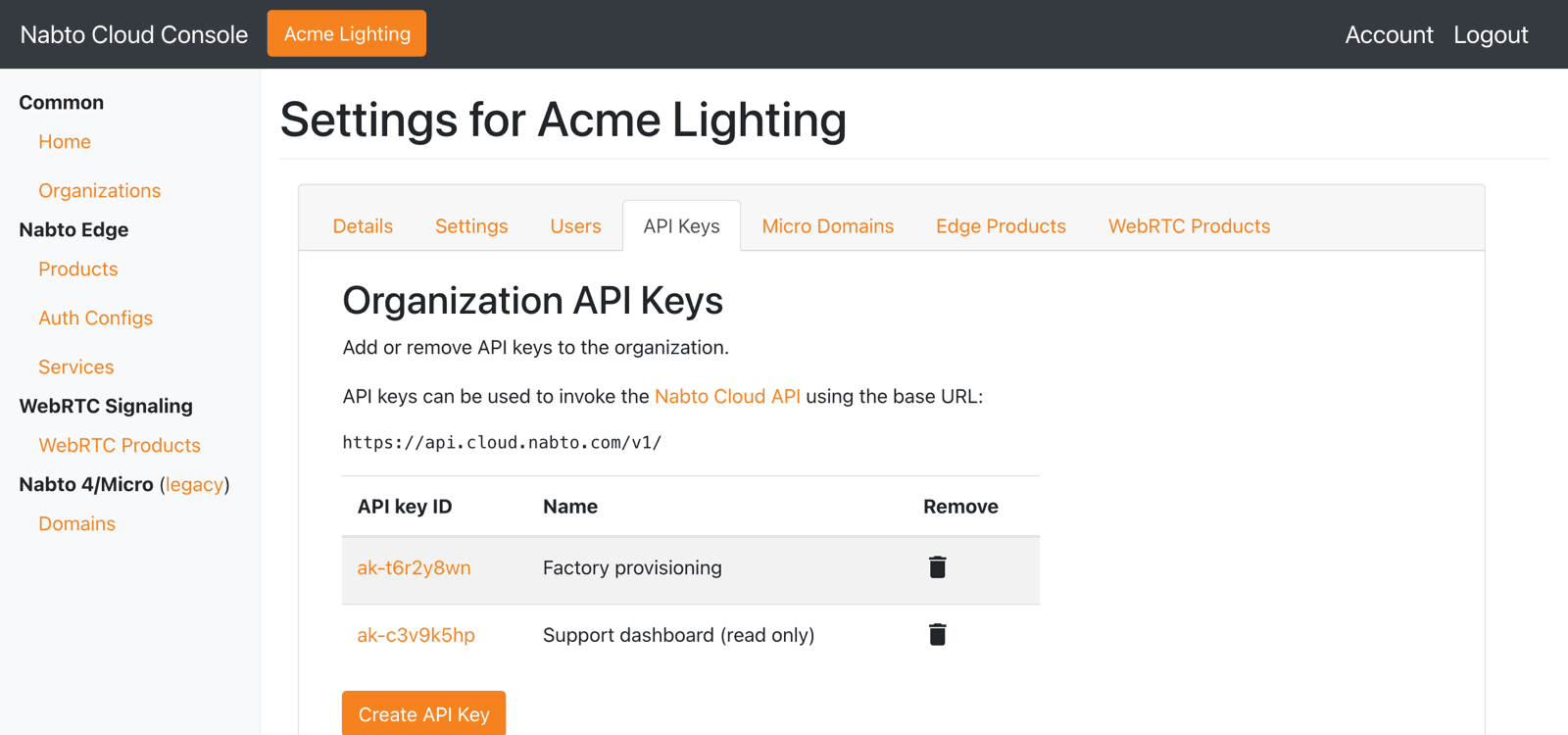 Organization API keys tab