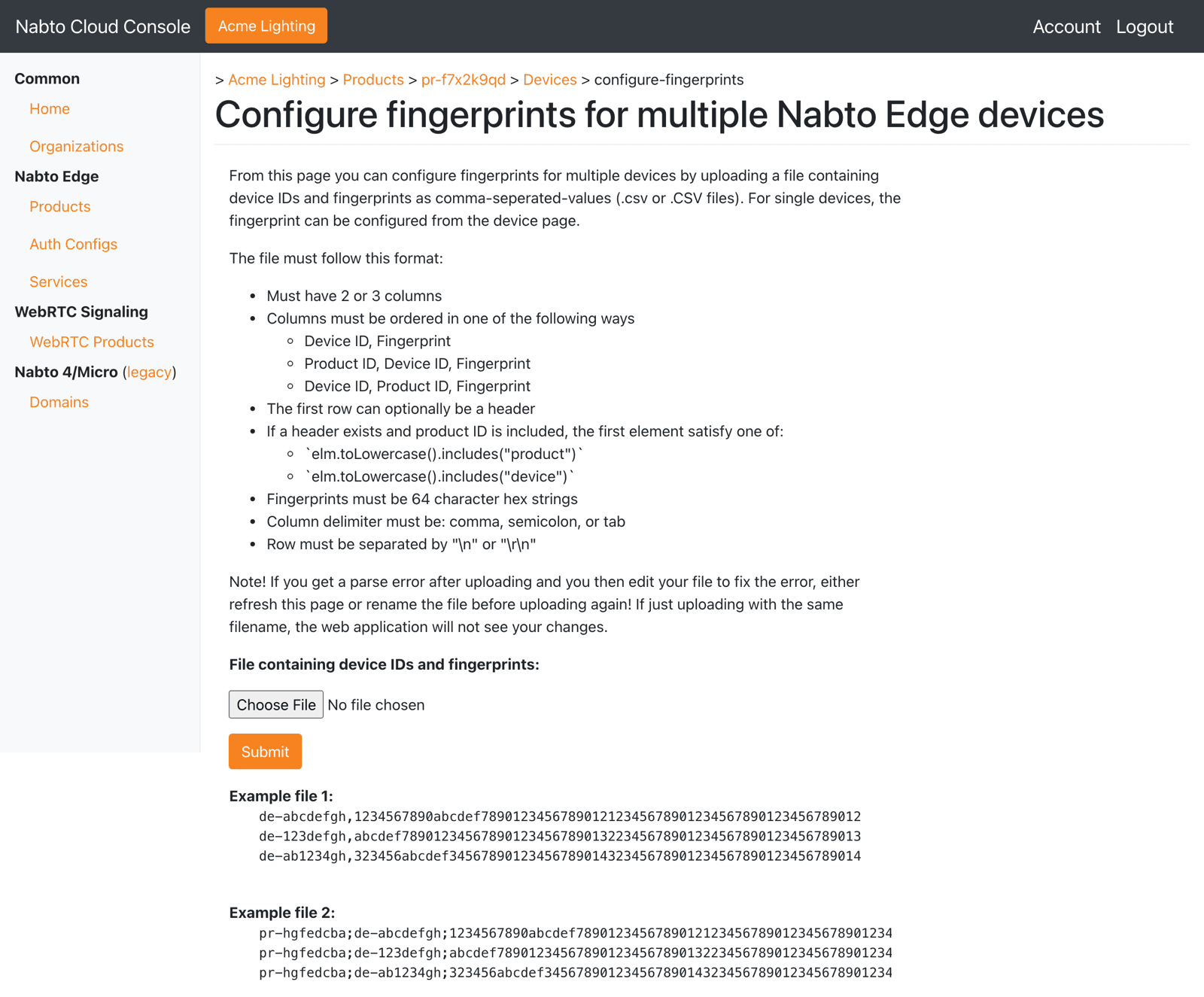 Configure fingerprints upload page