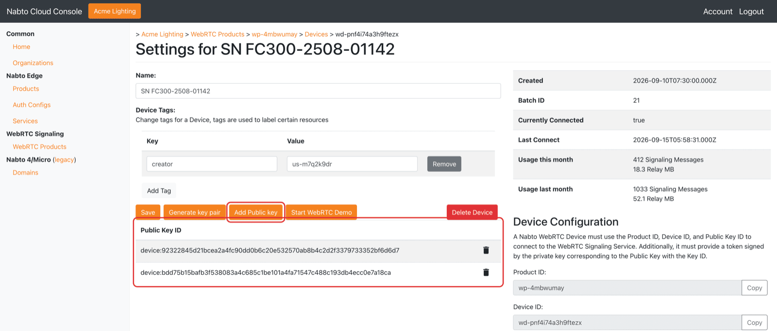 WebRTC device page with public keys
