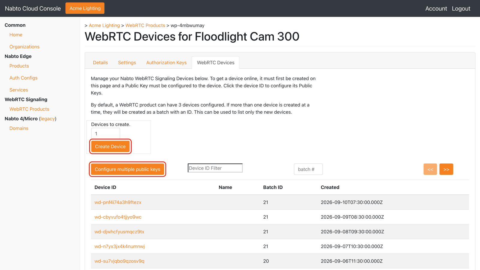 WebRTC device list with Create Device and Configure multiple public keys buttons