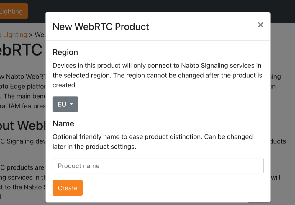 New WebRTC product dialog with region selection
