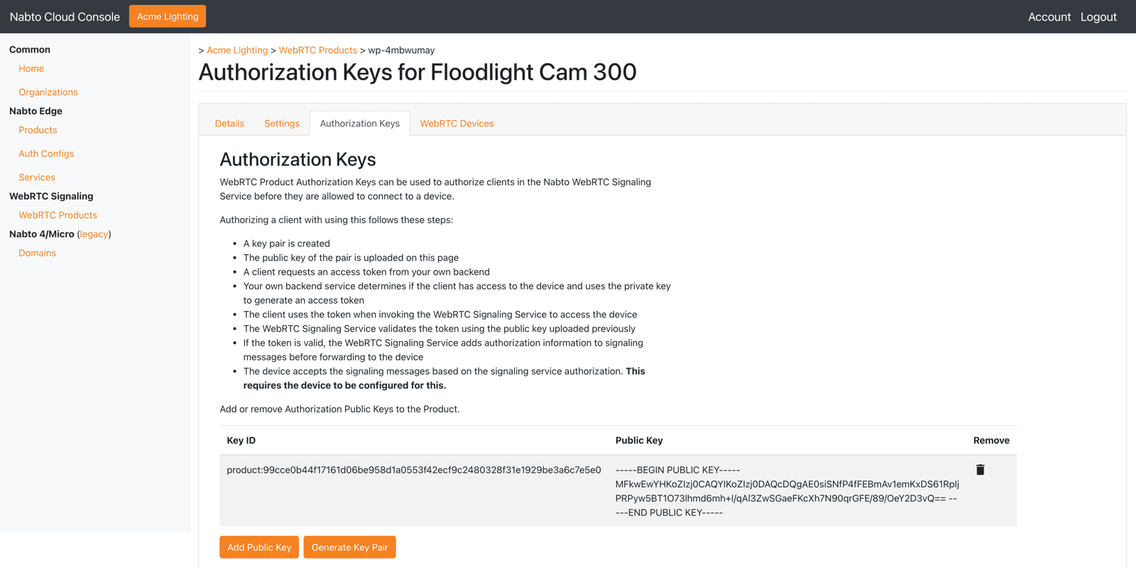 WebRTC product Authorization Keys tab