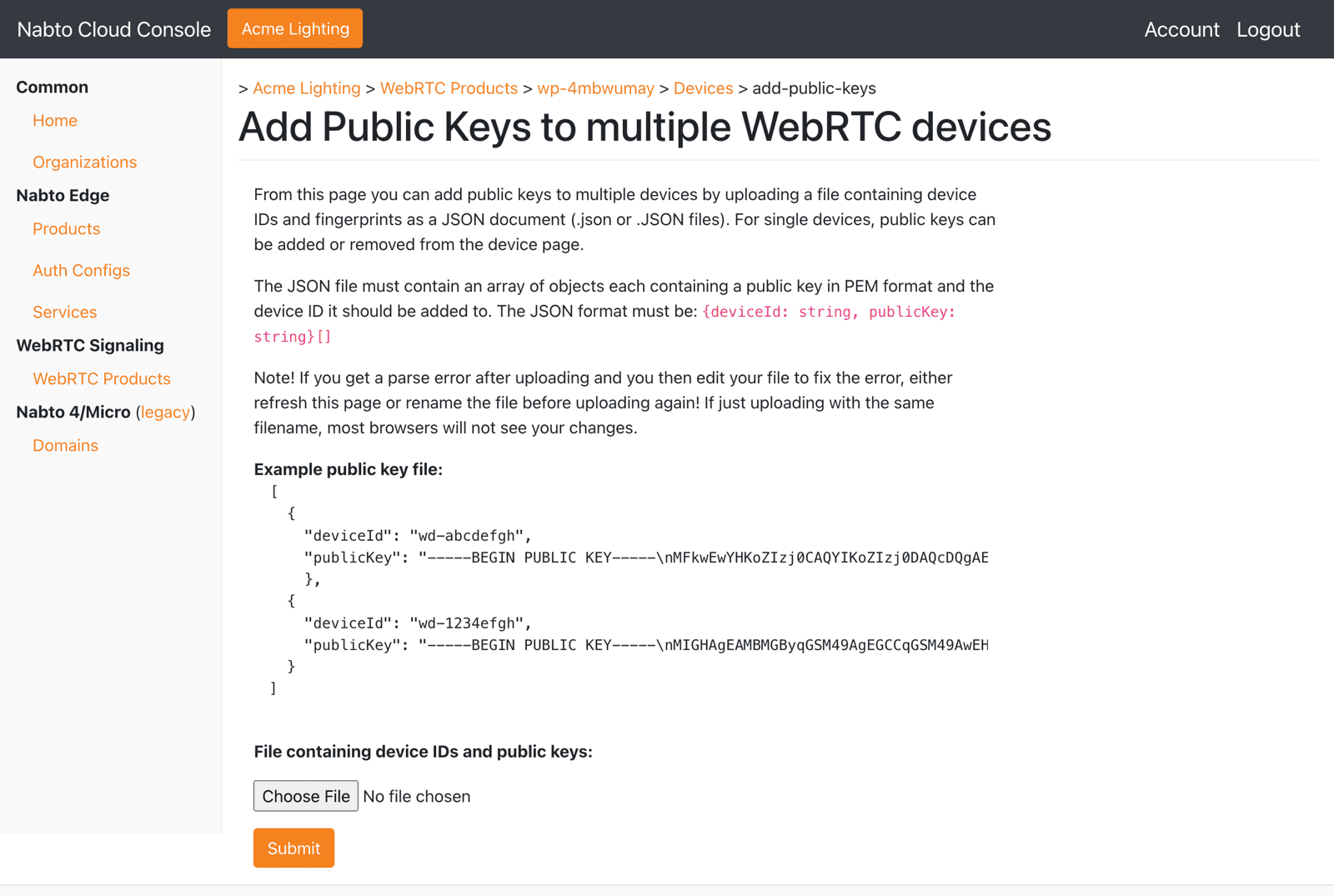 Add Public Keys to multiple WebRTC devices upload page