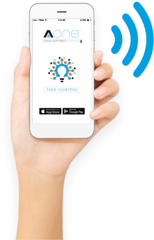 Image of a hand holding a phone with the AOne app