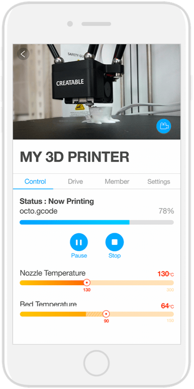 Image of the app for the remote control of 3d printers called the Waggle from A-team Ventures