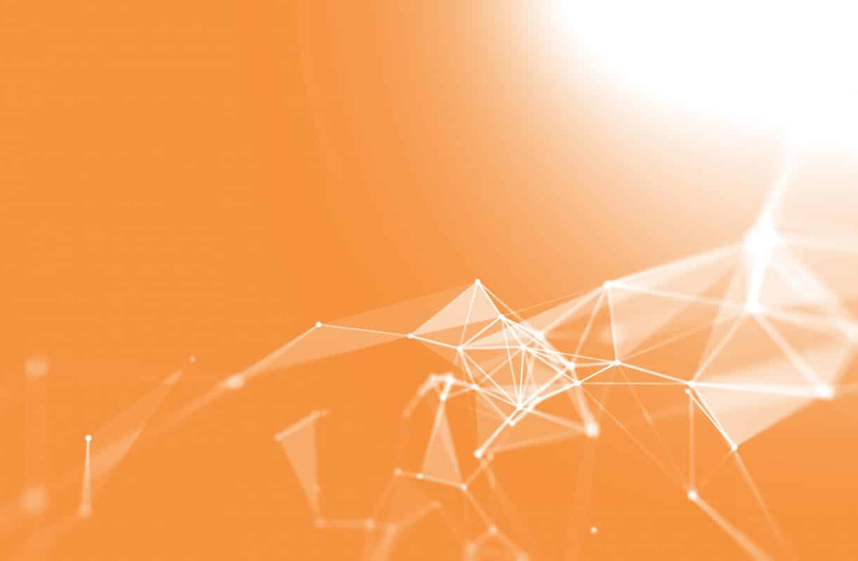 Dots and lines connection on orange abstract technology background - illustrating technology illustrating Nabto's P2P iot platform