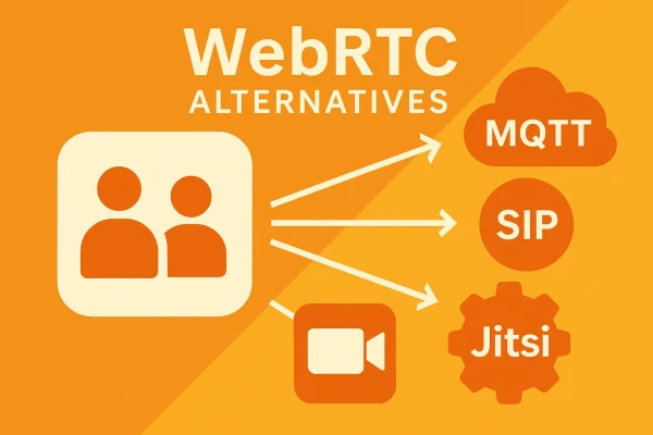 Image depicting alternatives to the IoT video protocol WebRTC, including MQTT, SIP, and Jitsi